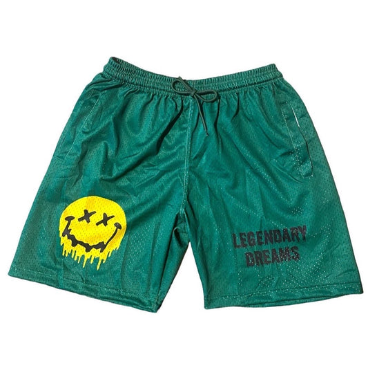 Green Dripped Smiley Face Mesh Shorts