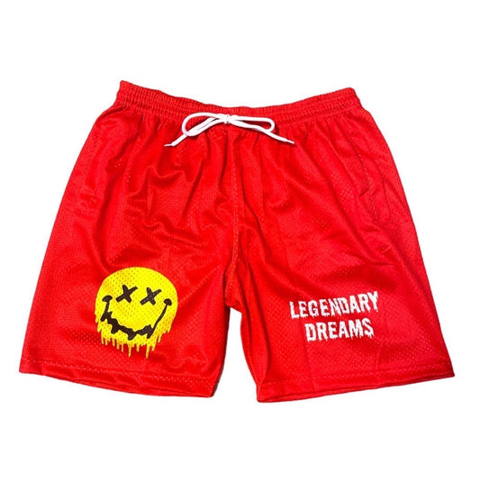Red Dripped Smiley Face Mesh Shorts