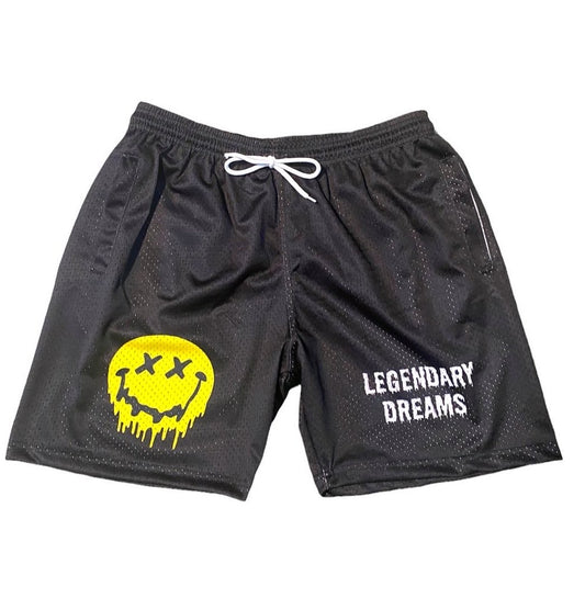 Black Dripped Smiley Face Mesh Shorts